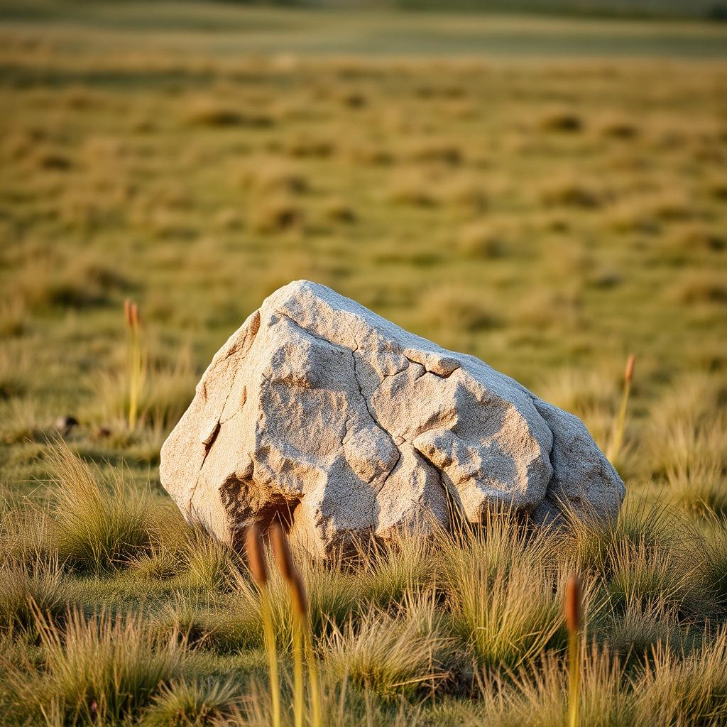 A weathered granite boulder sitting in an open meadow