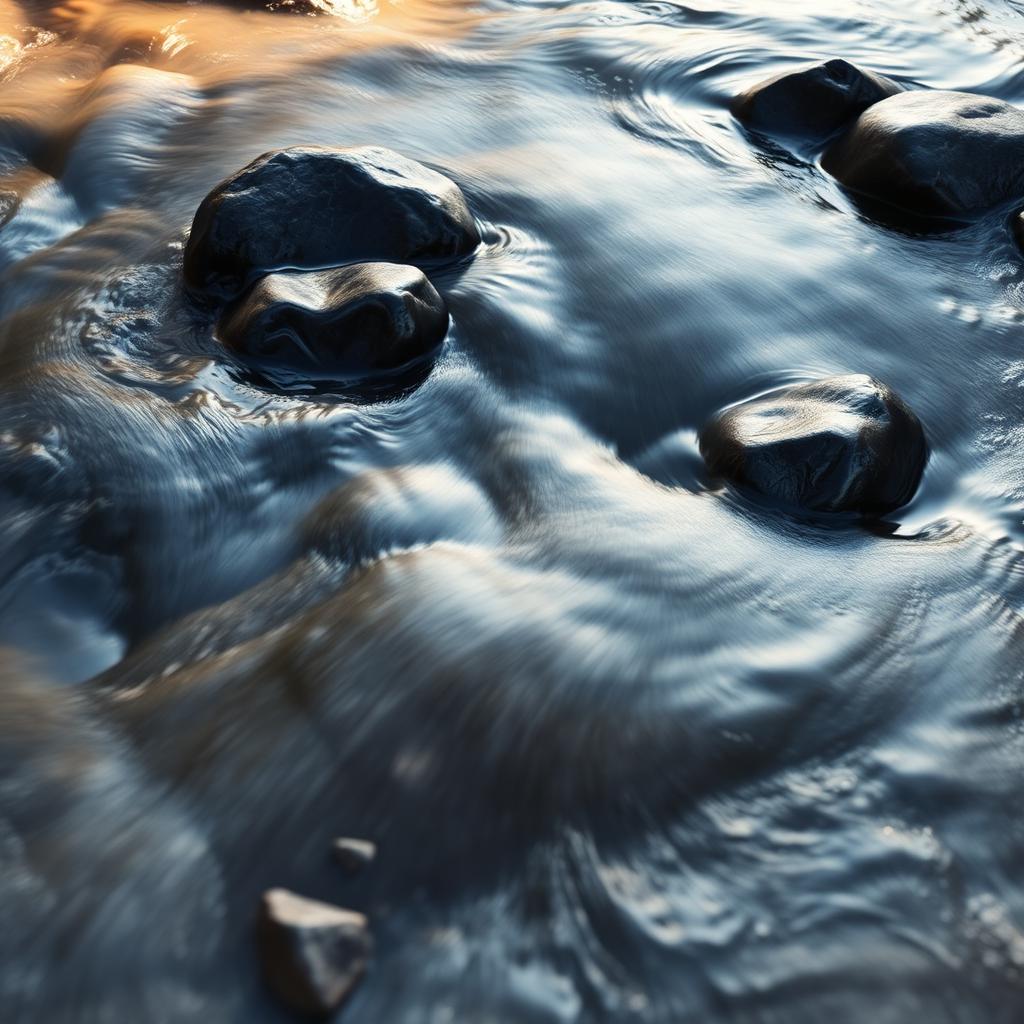 Flowing river water moving over smooth stones