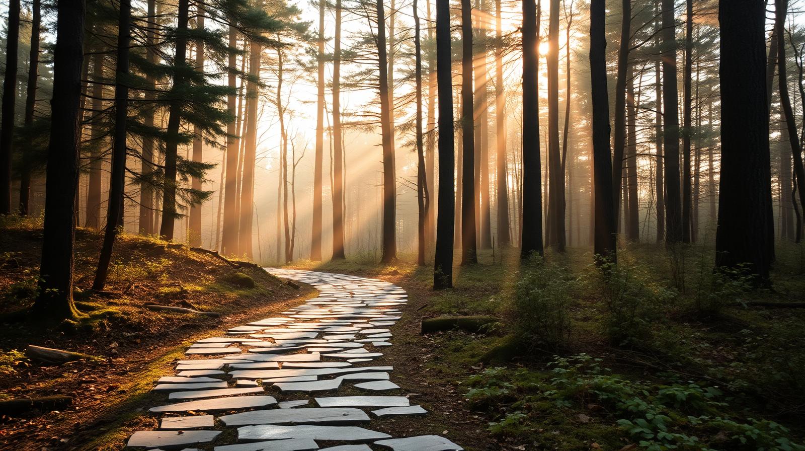 A quiet stone path winding into a North Georgia forest at dawn