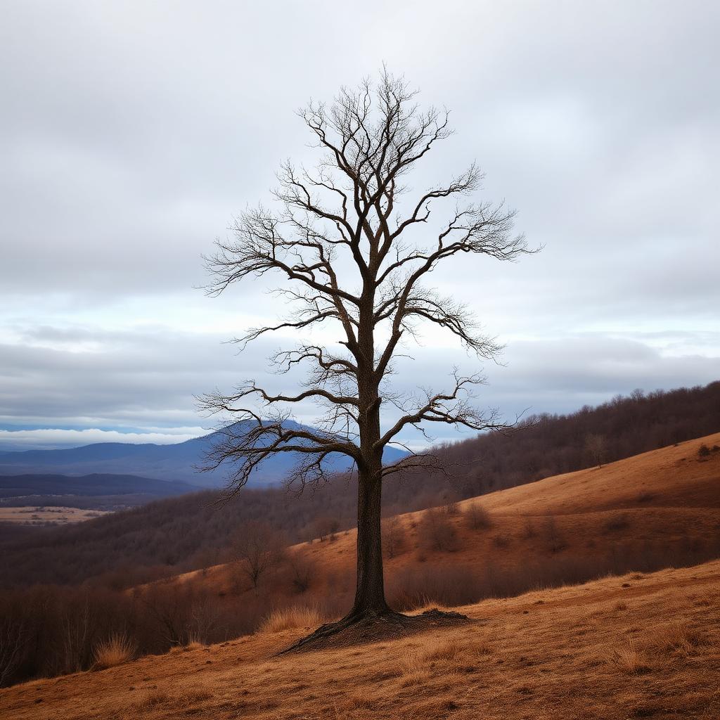 A solitary oak tree rooted on an open hillside
