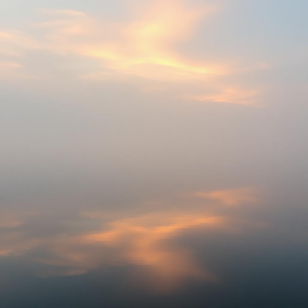 A still lake at dawn reflecting a soft sky